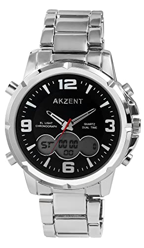 Akzent Herren-Uhr Edelstahl Datum Stoppuhr Analog Digital 2420026 (silberfarbig schwarz) von Akzent