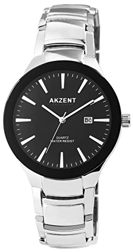 Akzent Exclusive Herren-Uhr Metall Datum Clipverschluss Analog Quarz 2800074 (silberfarbig schwarz) von Akzent