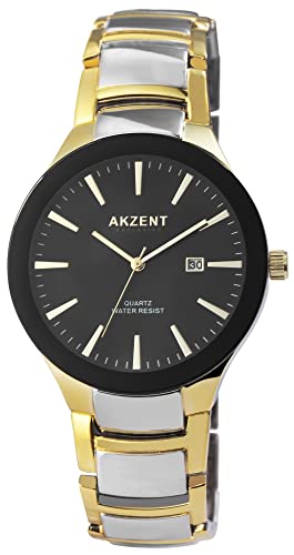 Akzent Exclusive Herren-Uhr Metall Datum Clipverschluss Analog Quarz 2800074 (silberfarbig goldfarbig schwarz) von Akzent