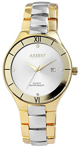 Akzent Exclusive Herren-Uhr Metall Datum Clipverschluss Analog Quarz 2800073 (silberfarbig goldfarbig) von Akzent