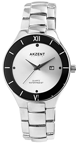 Akzent Exclusive Herren-Uhr Metall Datum Clipverschluss Analog Quarz 2800073 (silberfarbig) von Akzent