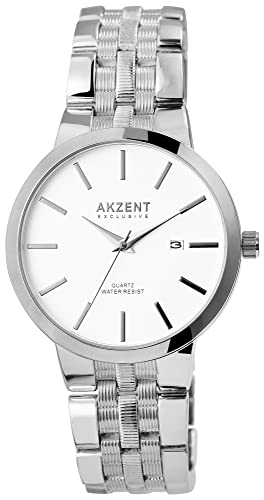 Akzent Exclusive Herren-Uhr Metall Datum Clipverschluss Analog Quarz 2800072 (silberfarbig weiß) von Akzent