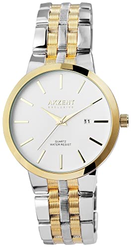 Akzent Exclusive Herren-Uhr Metall Datum Clipverschluss Analog Quarz 2800072 (silberfarbig goldfarbig weiß) von Akzent