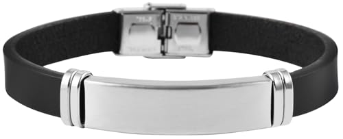Akzent Leder Armband Herren in Schwarz | Länge 21 cm | Hakenverschluss aus Edelstahl | Edelstahlgravurplatte | 100% Wasserfest & Hautverträglich | Bracelet for Unisex von Akzent