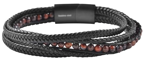 Akzent Leder Armband Herren in Schwarz | Länge 21 cm | Magnetverschluss aus Edelstahl | 100% Wasserfest & Hautverträglich | Bracelet for Unisex von Akzent