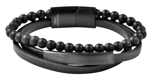 Akzent Leder Armband Herren in Schwarz | Länge 21 cm | Magnetverschluss aus Edelstahl | 100% Wasserfest & Hautverträglich | Bracelet for Unisex von Akzent