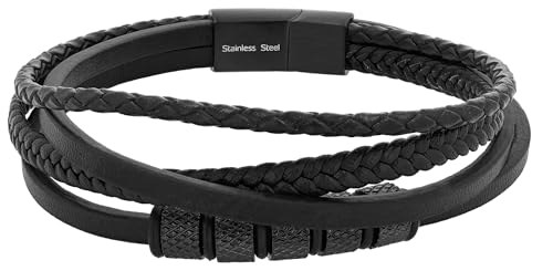 Akzent Leder Armband Herren in Schwarz | Länge 21.5 cm | Magnetverschluss aus Edelstahl | 100% Wasserfest & Hautverträglich | Bracelet for Unisex von Akzent