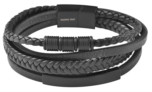 Akzent Leder Armband Herren in Schwarz | Länge 23 cm | Magnetverschluss aus Edelstahl | 100% Wasserfest & Hautverträglich | Bracelet for Unisex von Akzent