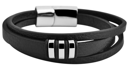 Akzent Leder Armband Unisex in Schwarz | Länge 21 cm | Magnetverschluss aus Edelstahl | Edelstahlgravurplatte | 100% Wasserfest & Hautverträglich | Bracelet for Unisex von Akzent