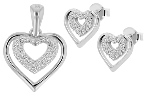 Akzent Schmuckset Silber 925 Damen | Herz-Anhänger 14 x 14 mm & Herz-Ohrstecker 10 x 9,5 mm | Ohrringe | Zierlich & elegant | 100% Wasserfest & Hautverträglich von Akzent