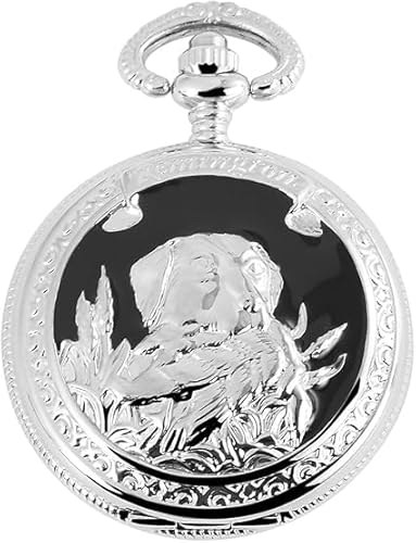 Analog Taschenuhr mit Metall Kette und Hakenverschluss Hund Jagd Silberfarbiges Gehäuse im Maße 47mm x 16mm mit Ziffernblattfarbe Weiß und Mineralglas von Akzent