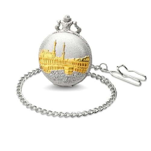 Analog Taschenuhr mit Metall Kette und Hakenverschluss Moschee Islam Mekka Goldfarbiges Gehäuse im Maße 47mm x 14mm mit Ziffernblattfarbe Weiß und Mineralglas von Akzent