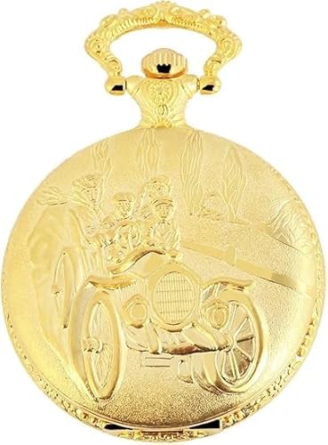 Analog Taschenuhr mit Metall Kette und Hakenverschluss Oldtimer Auto Goldfarbiges Gehäuse im Maße 46mm x 15mm mit Ziffernblattfarbe Weiß von Akzent