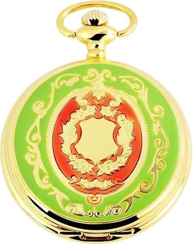 Analog Taschenuhr mit Metall Kette und Motiv Wappen Grün Rot Goldfarbiges Gehäuse im Maße 47mm x 14mm mit Ziffernblattfarbe Weiß und Mineralglas von Akzent