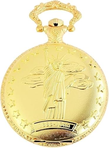 Motiv Taschenuhr Freiheitsstatue New York USA Motiv + Kette und Clip Weiß Gold Sprungdeckel Analog Quarz von Akzent