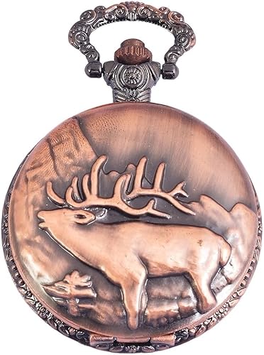 Taschenuhr inkl. Kette und Clip - Hirsch Motiv - Weiß Bronze Kupfer Klassik Analog Quarz Metall Arabische Ziffern von Akzent