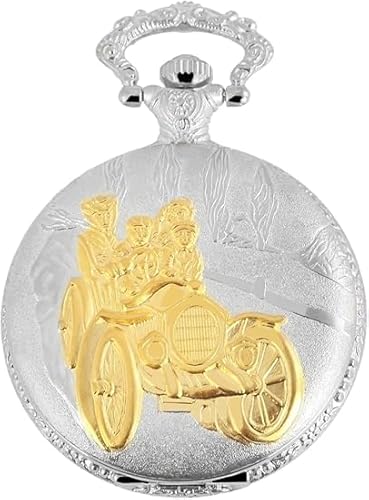 Taschenuhr inkl. Kette und Clip - Rennwagen Auto Rennen Race Oldtimer - Weiß Silber Gold Analog Quarz Metall Arabische Ziffern von Akzent