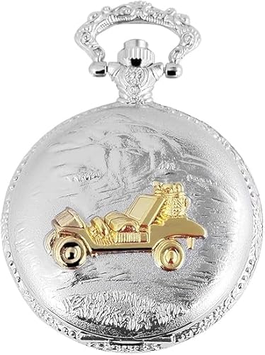 Taschenuhr inkl. Kette und Clip - Rennwagen Auto Rennen Race - Weiß Silber Gold Analog Quarz Metall Arabische Ziffern von Akzent