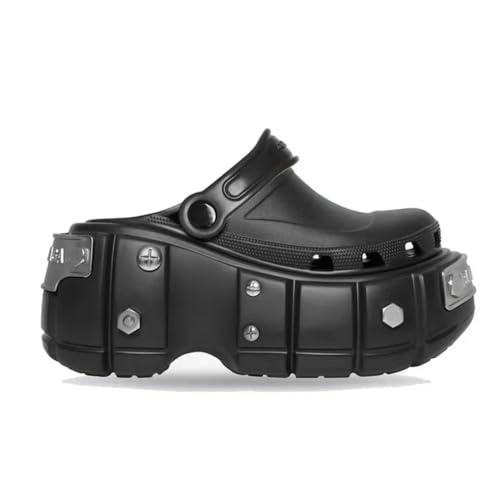 AlHECE Hausschuhe Sommer Damen Punk Nieten Plattform Kreative Metallbeschläge Chunky Freizeitschuhe Outdoor Slides, Schwarz, 36/37 EU von AlHECE