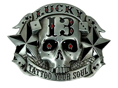 Alaani Skull Totenkopf Lucky 13 Tattoo Your Soul Gürtelschnalle Buckle, Mehrfarbig, 10,5x7,5cm von Alaani