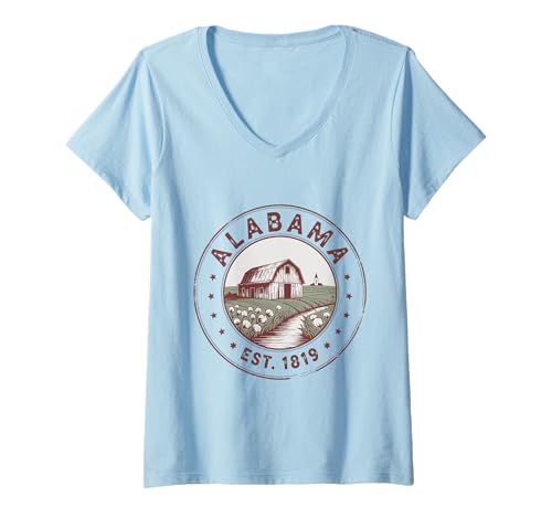 Damen Alabama Boho State 1819 Hemd Baumwolle Scheune Sonnenuntergang T-Shirt mit V-Ausschnitt von Alabama Boho State 1819 Tee Shirts for All