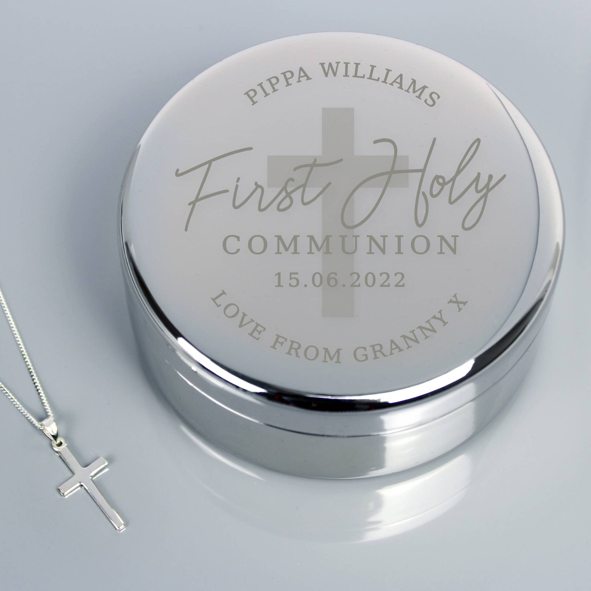 Personalisierte Silber Kreis Trinket Box Kreuz Halskette - Junge Mädchen Kinder Erste Kommunion Geschenk von AlabasterBoxIsLove