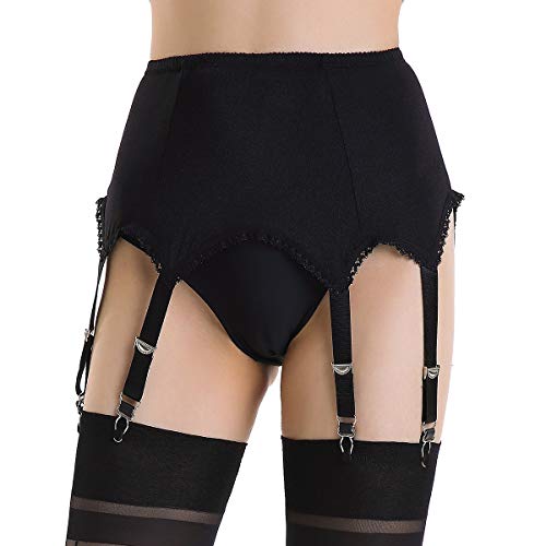 Alacki Damen Strapsgürtel mit 6 Riemen, Metallclip, Strapse für Oberschenkelhohe Strümpfe, einfarbig (S~2XL) - Schwarz - XX-Large von Alacki