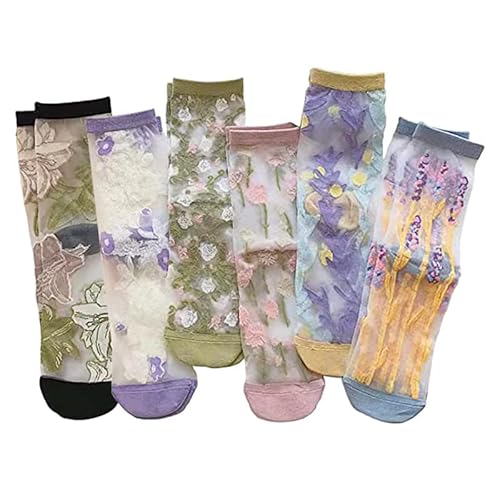 Alafime Coquette Ästhetische Socken Durchsichtige Socken Mesh Socken Frauen 7 Paar Kawaii Bestickte Blumen Y2K Füllrohr Socken, 6 Paar. von Alafime