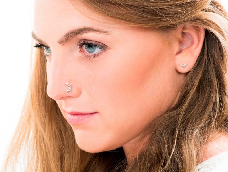 sterling Silber Vögel Nasenstecker, Große Nase Piercing, Schmuck, Pin, Schraube, Nasenring Gold, Knochen Ende von Alagia