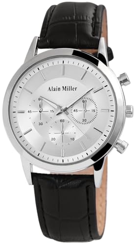 ALAIN MILLER Herrenuhr Silber Schwarz Analog Chrono-Look Metall Leder Quarz Armbanduhr von Alain Miller