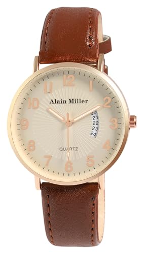 Alain Miller Herrenuhr Beige Braun Rosègold Analog Datum Leder-Imitat Quarz von Alain Miller