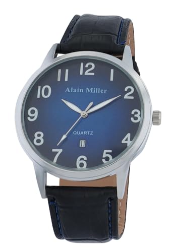 Alain Miller Herrenuhr Blau Schwarz Analog Datum Leder-Imitat Quarz von Alain Miller