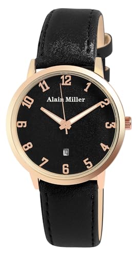 Alain Miller Herrenuhr Schwarz Rosègold Analog Datum Leder-Imitat Quarz von Alain Miller