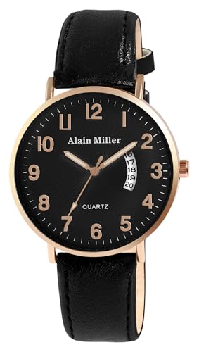 Alain Miller Herrenuhr Schwarz Rosègold Analog Datum Leder-Imitat Quarz von Alain Miller