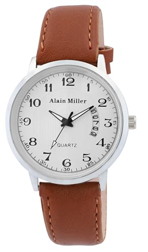 Alain Miller Herrenuhr Weiß Braun Analog Datum Leder-Imitat Quarz von Alain Miller