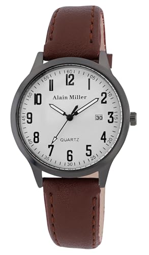 Alain Miller Herrenuhr Weiß Braun Analog Datum Leder-Imitat Quarz von Alain Miller