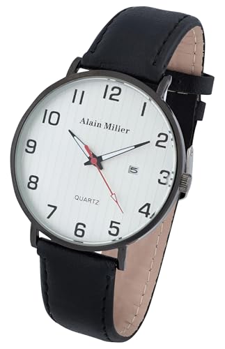 Alain Miller Herrenuhr Weiß Schwarz Analog Datum Leder-Imitat Quarz von Alain Miller