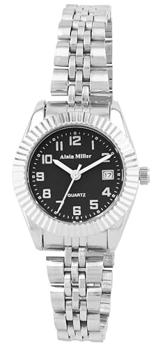 Alain Miller Klassische Damenuhr Schwarz Silber Analog Datum Edelstahl Quarz von Alain Miller