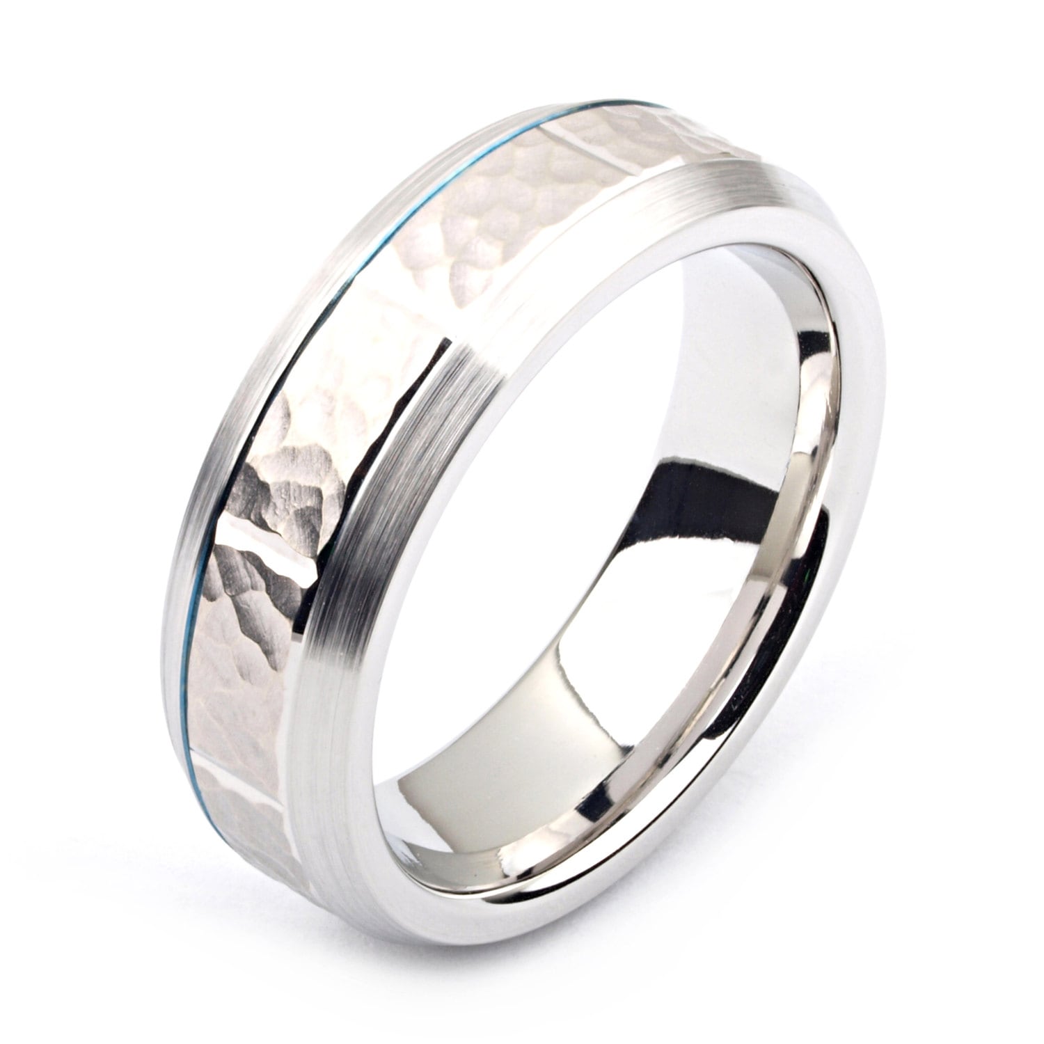 Kobalt-Herrenring 7mm Breit Two-Tone-Kobalt & 14 K White Gold | Feste, Nicht Vergoldet Gehämmert Ehering-Mode-Ring von AlainRaphaelJewelry
