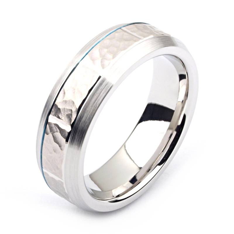 Kobalt-Herrenring 7mm Breit Two-Tone-Kobalt & 14 K White Gold | Feste, Nicht Vergoldet Gehämmert Ehering-Mode-Ring von AlainRaphaelJewelry