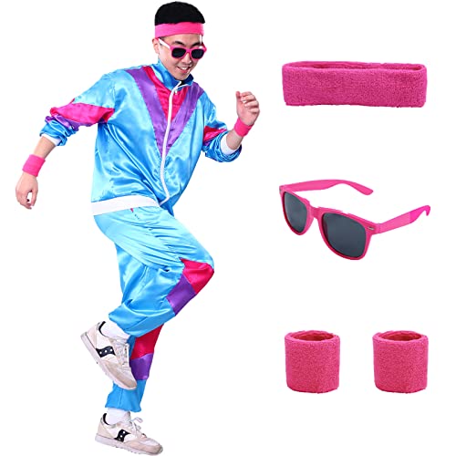 Alaiyaky 80er 90er Jahre Outfit Herren Damen, 80er Trainingsanzug mit Jacke Hose Schweißbänder Sonnenbrille, 90er 80er Jahre Kleidung Bad Taste Outfit für Karneval Halloween Paare (Blau, S) von Alaiyaky