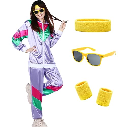 Alaiyaky 80er 90er Jahre Outfit Herren Damen, 80er Trainingsanzug mit Jacke Hose Schweißbänder Sonnenbrille, 90er 80er Jahre Kleidung Bad Taste Outfit für Karneval Halloween Paare (Lila, L) von Alaiyaky