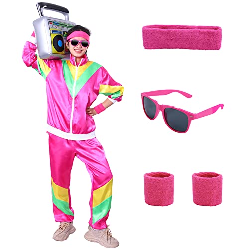 Alaiyaky 80er 90er Jahre Outfit Herren Damen, 80er Trainingsanzug mit Jacke Hose Schweißbänder Sonnenbrille, 90er 80er Jahre Kleidung Bad Taste Outfit für Karneval Halloween Paare (Rot, L) von Alaiyaky