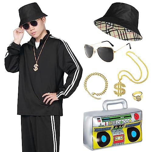 Alaiyaky 80er 90er Jahre Outfit Herren Damen, 8Pcs Schwarz Karneval Kostüm 80er Jahre Trainingsanzug, Neuer 90er 80er Jahre Outfit Retro Anzug für Bad Taste Party Paare Outfit (Schwarz, S) von Alaiyaky