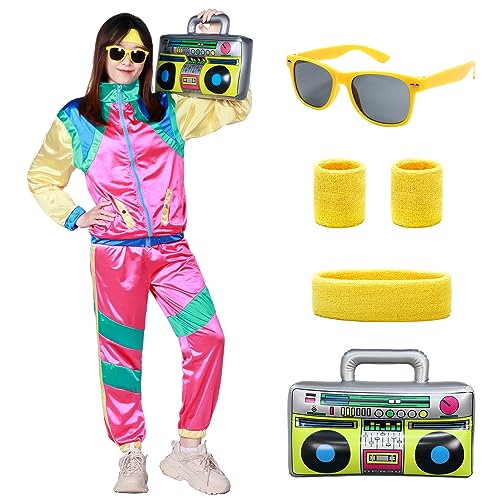 Alaiyaky 90er 80er Jahre Outfit, Retro Jogginganzug Herren Damen 80er Trainingsanzug mit Hose Anzug Schweißbänder Brille Ghettoblaster, 80er Kostüm Bad Taste Outfit für Karneval Faschings (M, Rot) von Alaiyaky