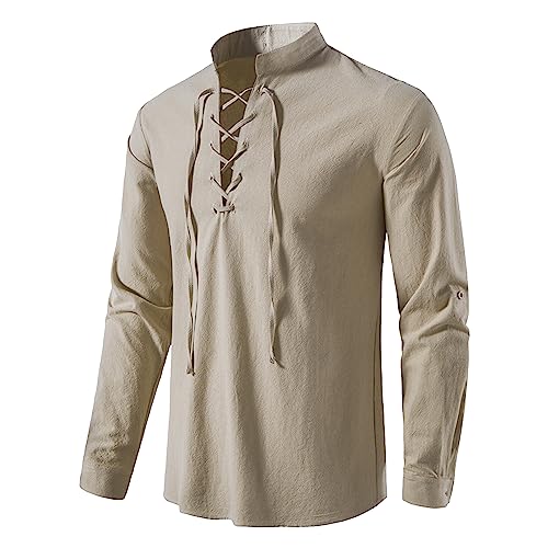 Alaiyaky Arbeitshemd Herren Langarm, Mittelalter Hemden Herren Outfits Freizeithemd Baumwoll Henley Stehkragen Hemd, Arbeitshemd für Erwachsene (Khaki, XL) von Alaiyaky