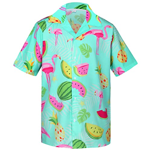 Alaiyaky Hawaii Hemd Männer, Funky Hawaiihemd Herren Kurzarm mit Hawaii-Print Motiven, Strandhemd Unisex für Strandurlaub Freizeit (Türkis Flamingo Melone, 3XL) von Alaiyaky