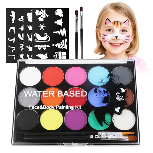 Alaoo Wasserlösliches Farbenset, Gesichts- und Körperbemalung für Kinder und Erwachsene, 15 Farben, Halloween-Cosplay-Schminkset, mit 2 Pinseln und 32 Mustern Alaoo Wasserlösliches Farbenset, Gesichts- und Körperbemalung für Kinder und Erwachsene, 15 Farben, Halloween-Cosplay-Schminkset, mit 2 Pinseln und 32 Mustern von Alaoo
