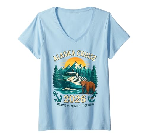 Damen Alaska Cruise 2026 Matching Family Friends Group Damen Herren T-Shirt mit V-Ausschnitt von Alaska 2026 Family Friends Summer Vacation Apparel