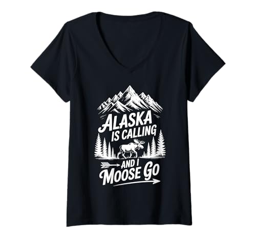 Damen Alaska Is Calling And I Moose Go T-Shirt mit V-Ausschnitt Damen Alaska Is Calling And I Moose Go T-Shirt mit V-Ausschnitt von Alaska Elch Reisender Abenteuer Natur Tierwelt
